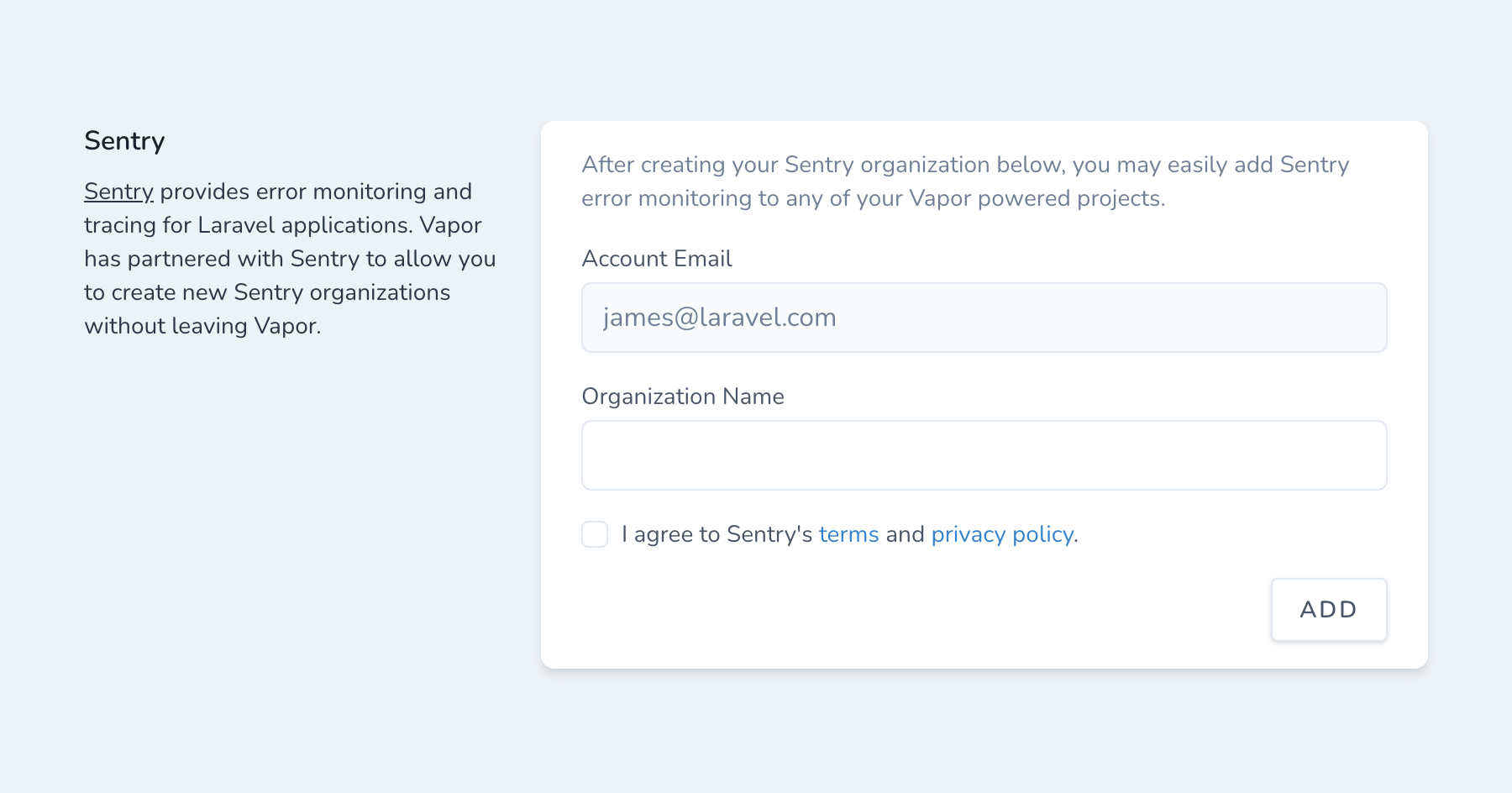 Connect with Sentry Team Settings form